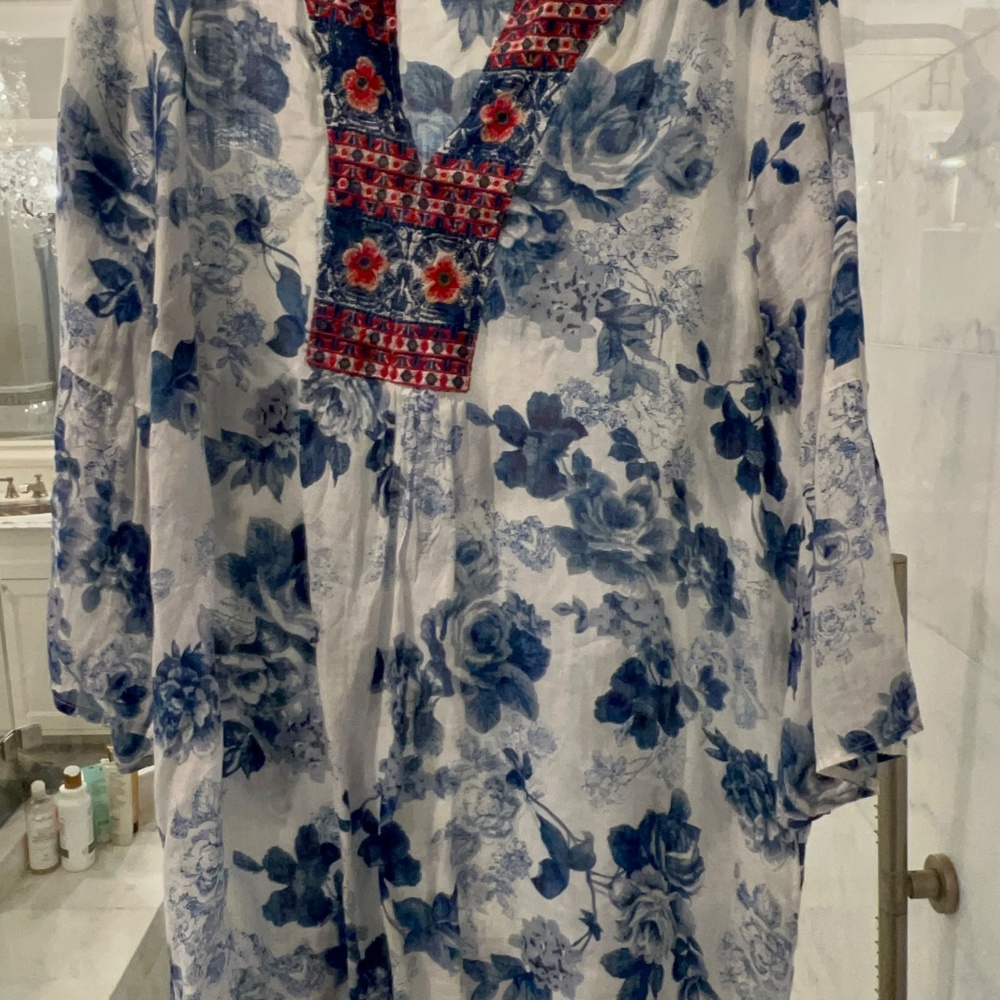 Johnny Was Blue and White Floral and Embroidery Dress - Picture 4 of 12